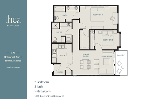 Floor plan for 2 beds, 2 baths, 1010 sqft